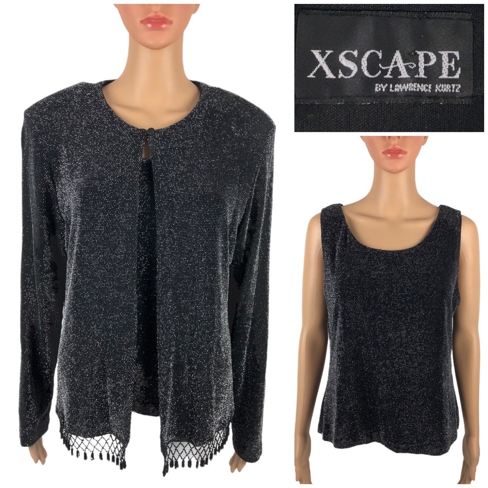 Xscape Women XL Tank Top Jacket Twin Set Black Fringe Metallic Silver Beaded EUC